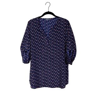 Market & Spruce Stitch Fix Ivy Split Neck Navy Orange Bird Print 3/4 Sleeve Top